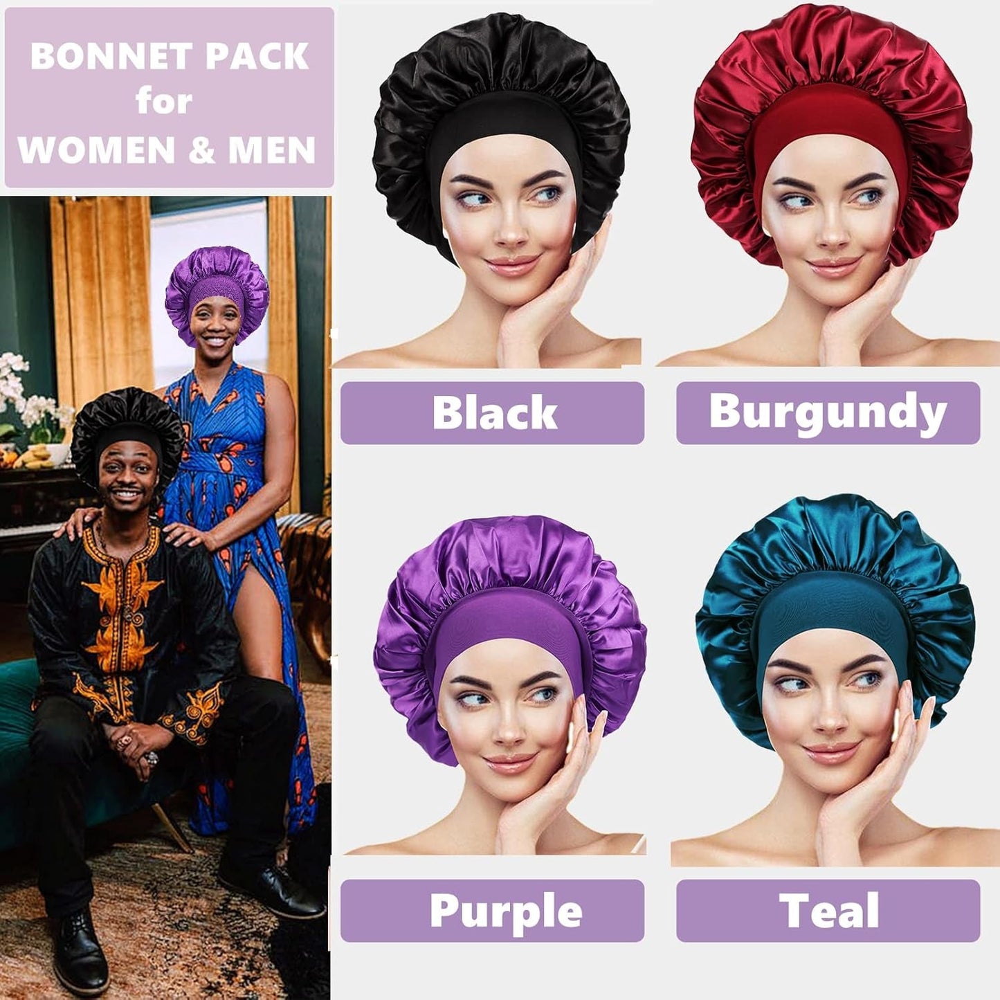 3 PCS Satin Bonnets for Black Women,Hair Bonnet for Sleeping,Satin Bonnet for Curly Hair,Bonnet for Men,Bonnets Pack A