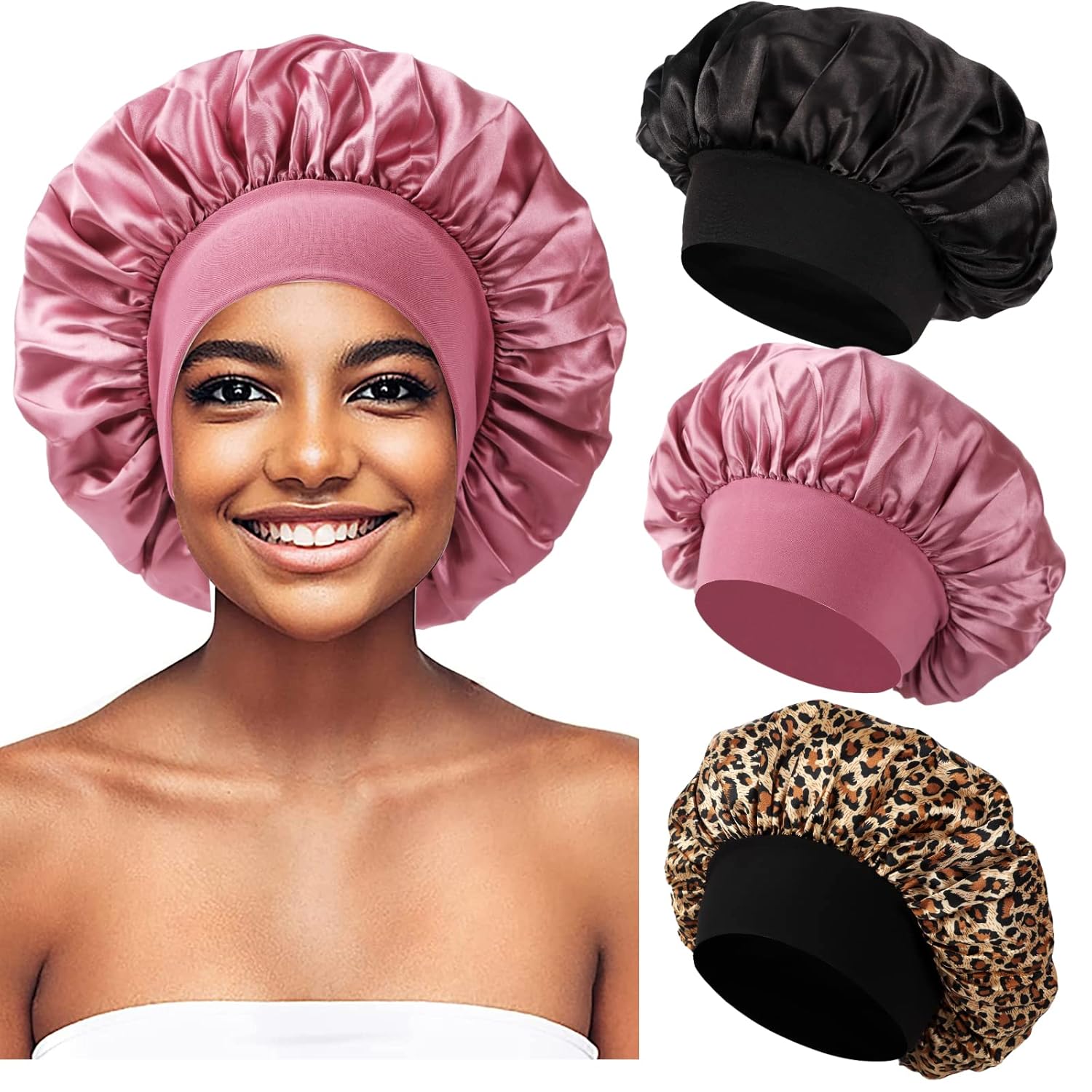 3 PCS Satin Bonnets for Black Women,Hair Bonnet for Sleeping,Satin Bonnet for Curly Hair,Bonnet for Men,Bonnets Pack A